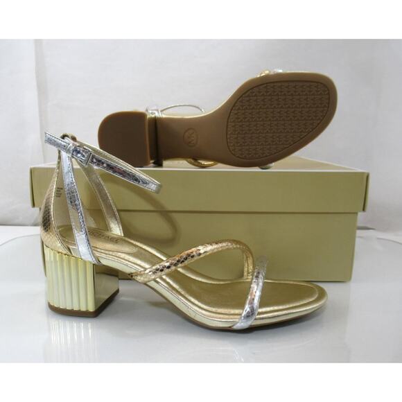 Michael Kors Porter Strappy Mid Block Stacked Heel Sandals Gold Multi Size 7 - Picture 6 of 6